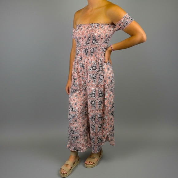 Rebellion Pants - REBELLION‎ Off Shoulder Smocked Wide Leg Romper Jumpsuit Womens L Boho NWT